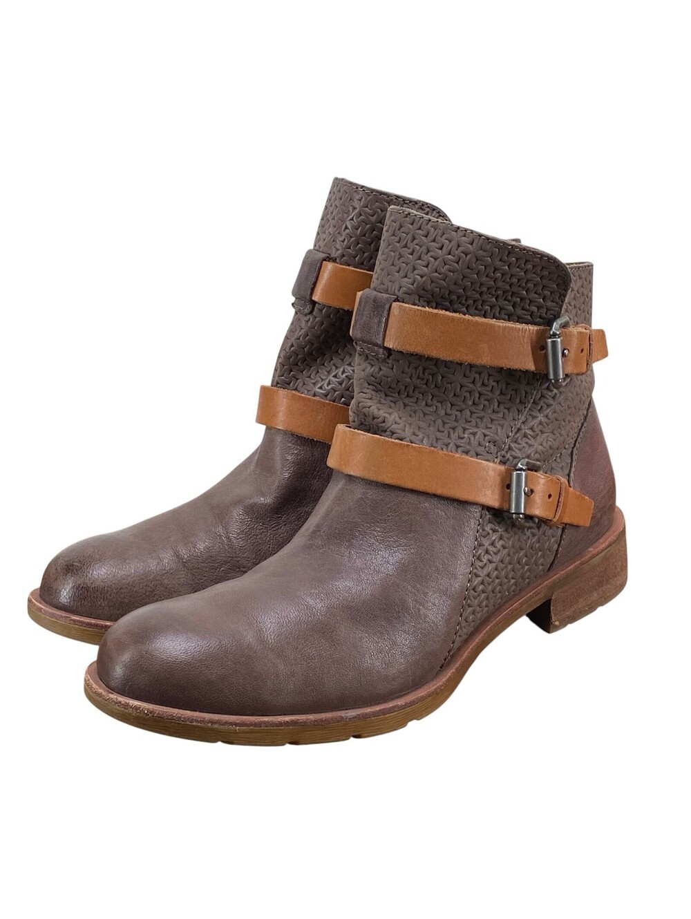 Sofft Cody Ankle Boots Women’s 8.5M Taupe Leather Double Buckle Woven Bootie